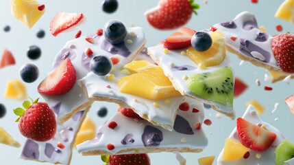 Frozen yogurt bark pieces with strawberries blueberries kiwi and mango floating on a light background, playful healthy dessert concept for kids