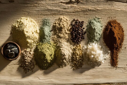 Educational still life showing varied organic phosphorus materials