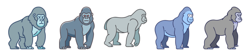 Five colorful pixelated gorillas stand side by side in a row displaying various shades of blue and grey on white