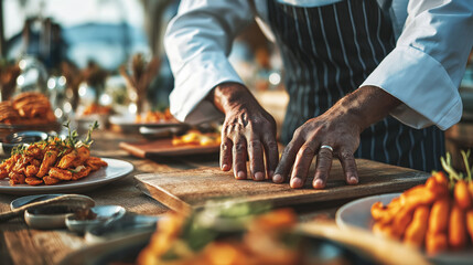 Close up of a chef hands preparing street food on a wooden board with rustic table fresh dishes and warm outdoor culinary atmosphere