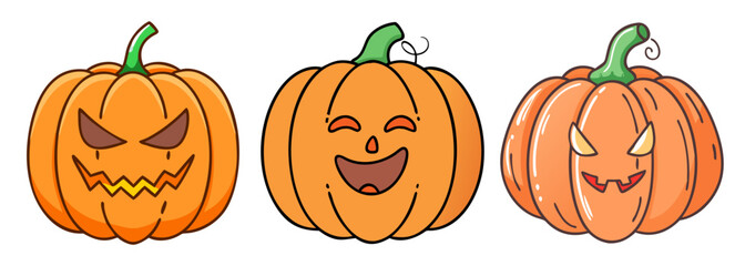 Three festive jack-o-lanterns with different expressive faces ready for halloween decorations