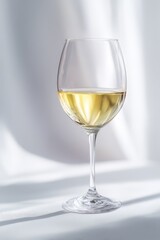 Elegant single wine glass on a white background with pale white wine in minimalist studio setup