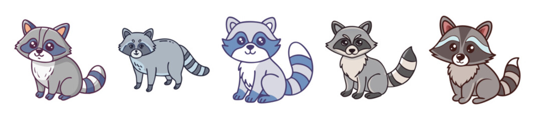 Five adorable cartoon raccoons with varying styles and colors captured in a charming artistic composition