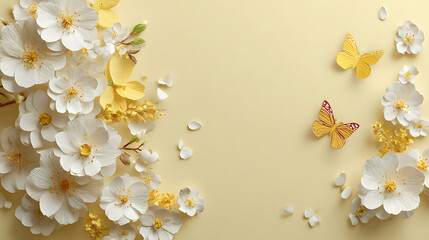 Yellow Butterflies And White Flowers With Yellow Accents On Pale Yellow