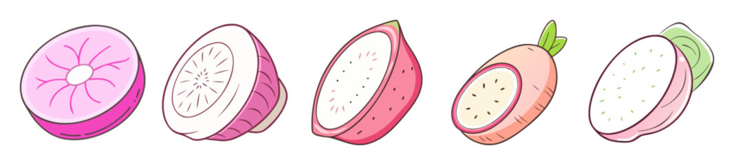 Close-up of vibrant pink radish slices showcasing their unique textures and color variations in a culinary presentation