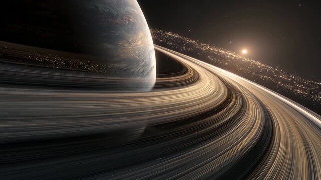 Cosmic planet with majestic ring system in deep space, an awe inspiring background for solar system exploration, illuminated by distant star light in vast galaxy