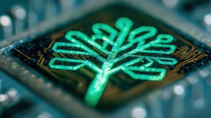 Emerald glow circuitry on a microprocessor symbolizing energy efficiency and environmental responsibility