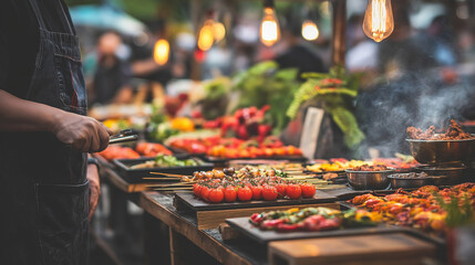 Close-up view of a street food stall at an evening market, where a chef is grilling a variety of dishes. Wooden trays display neatly arranged skewers with cherry tomatoes, vegetables, and meat