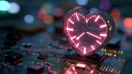 A heart-shaped clock, glowing pink, sits atop a circuit board. Bokeh lights add depth and color to the futuristic scene