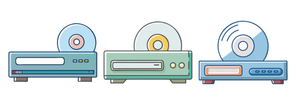 Set of three cartoonish compact disc players with discs, showcasing different designs