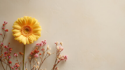 Yellow Gerbera Daisy with Delicate Pink and Red Flowers