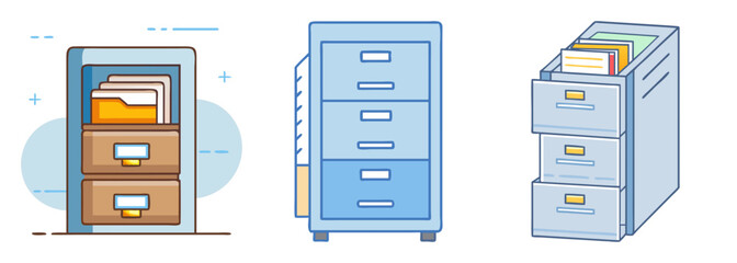 Illustrations of various filing cabinets for office document organization and storage solutions