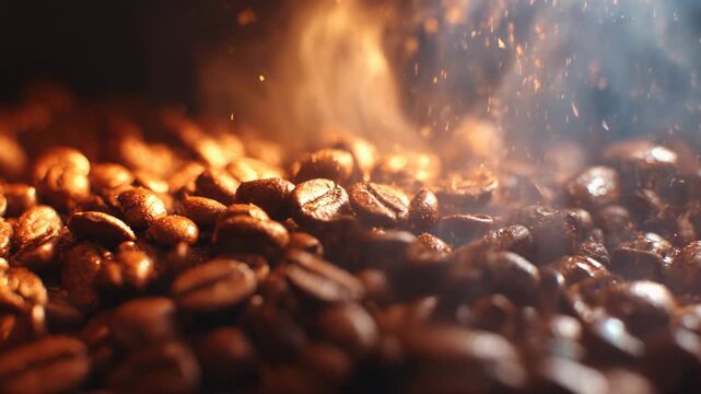 Close up aromatic brown coffee bean roasting process, warm sensory experience with hot steam and intense energy creating gourmet beverage on dark background