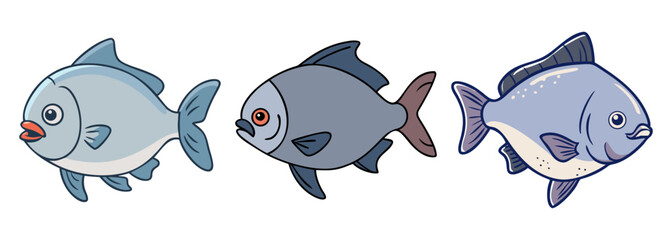 Three cute cartoon fish with various expressions and colors swimming underwater illustration
