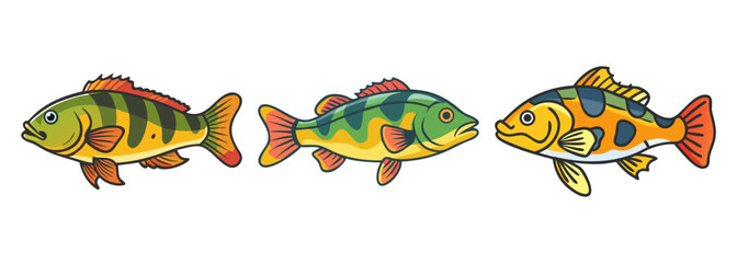 Vibrant cartoon illustration of diverse freshwater fish species with distinct markings