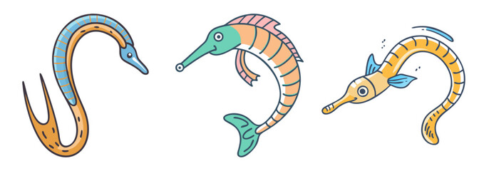 Illustrative collection of vibrant cartoon pipefish and seahorse-like marine creatures