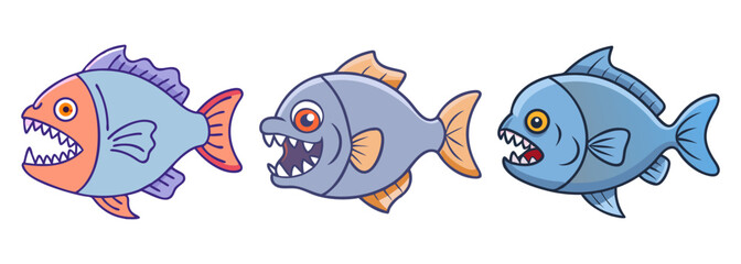 Three distinct cartoon piranha fish with sharp teeth and menacing expressions