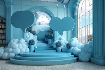 Bright blue interior space featuring whimsical cloud-like decorations and speech bubble shapes, creating a playful atmosphere for creative expression and communication