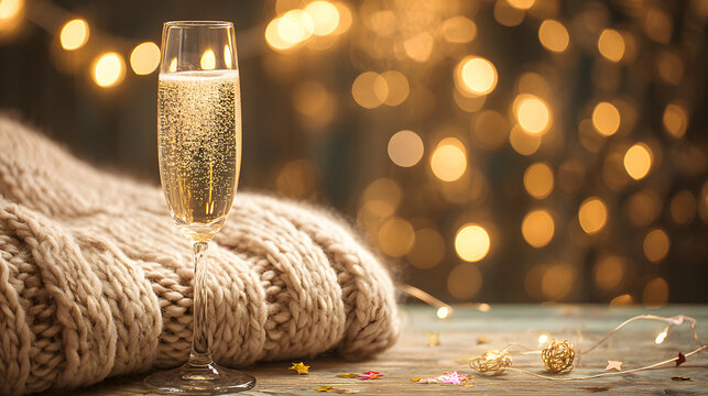 dcf. A champagne flute with golden bubbles on a wooden table beside a cozy blanket and festive confetti. bar promotions, beverage menus, designed for food & beverage menus and cafe branding.