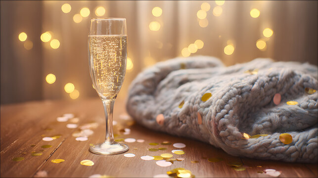 dcf. A champagne flute with golden bubbles on a wooden table beside a cozy blanket and festive confetti. bar promotions, beverage menus, designed for food & beverage menus and cafe branding.