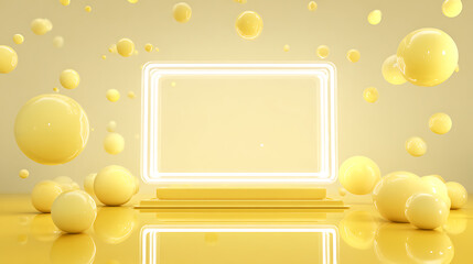 Yellow Rectangular Neon Frame on Podium with Spheres