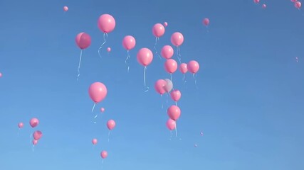 Pink balloons ascend together into a clear blue sky on a sunny day