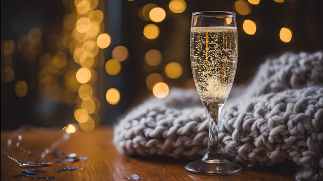 dcf. A champagne flute with golden bubbles on a wooden table beside a cozy blanket and festive confetti. bar promotions, beverage menus, designed for food & beverage menus and cafe branding.