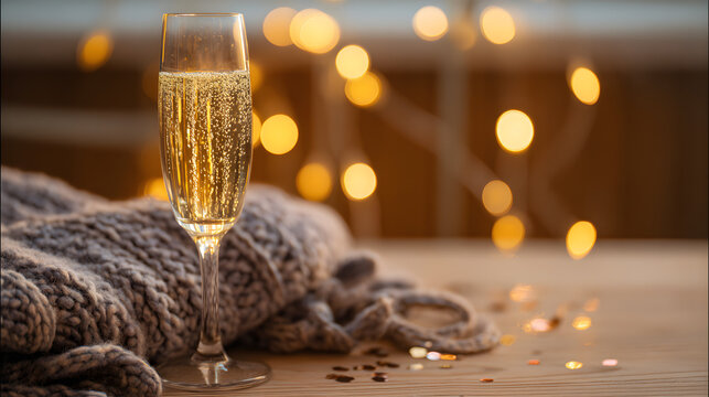 dcf. A champagne flute with golden bubbles on a wooden table beside a cozy blanket and festive confetti. bar promotions, beverage menus, designed for food & beverage menus and cafe branding.