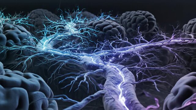 Neural electrical activity calming after paracetamol uptake, with excessive firing patterns fading into smooth, rolling currents of light. Synapses glow less intensely, reduced sensitivity to pain 