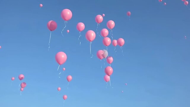 Pink balloons ascend together into a clear blue sky on a sunny day
