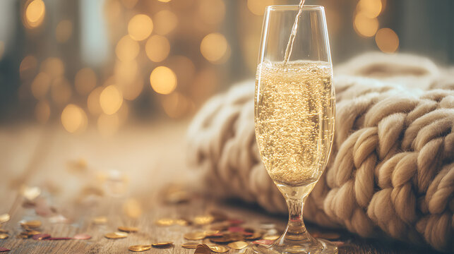 dcf. A champagne flute with golden bubbles on a wooden table beside a cozy blanket and festive confetti. bar promotions, beverage menus, designed for food & beverage menus and cafe branding.