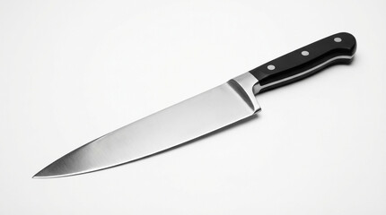 Kitchen knife with a black handle and shiny blade placed on a white surface for use in meal preparation tasks