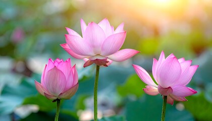 Three pink lotus flowers bloom beautifully with a soft, golden light shining through leaves in a pond