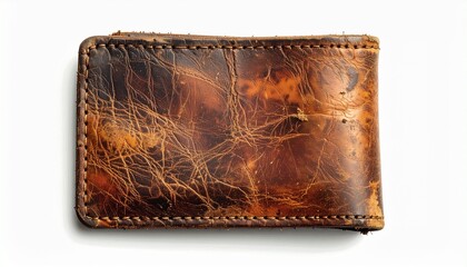 Old leather wallet lying on a flat surface showing signs of wear and age in warm tones of brown