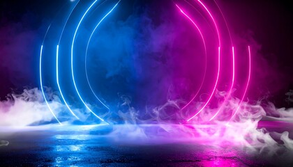Three glowing circles (blue, pink) on a dark stage with smoke. Abstract and vibrant with a modern vibe