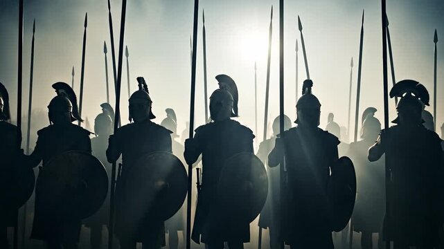 Silhouetted ancient warriors in tight spear phalanx formation against dramatic backlight.