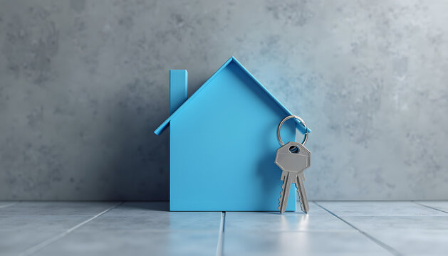 Blue house symbol with keys on a keyring against a textured concrete wall background