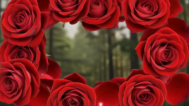 Lush red roses intricately arranged into a perfect circular frame, providing a vibrant and elegant border for a softly blurred, tranquil forest background, embodying natural beauty and romance
