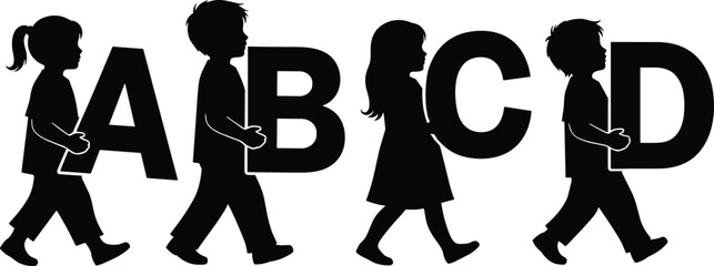 Diverse Kids Silhouettes Walking and Carrying Large Letters A B C D, Education and Learning Concept for Early Childhood Development, Vector Graphic Illustration on White Background. © Shoriphul