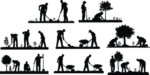 Gardening silhouettes with people working, planting, and tending in the soil, using tools like shovels and wheelbarrows outdoors. © Shoriphul
