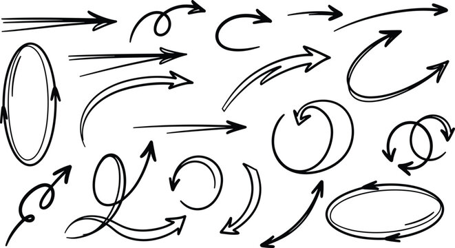 Hand drawn arrows doodle vector collection, black line sketch style, graphic element set, business concept symbols, abstract curved direction signs, creative artistic illustration.
