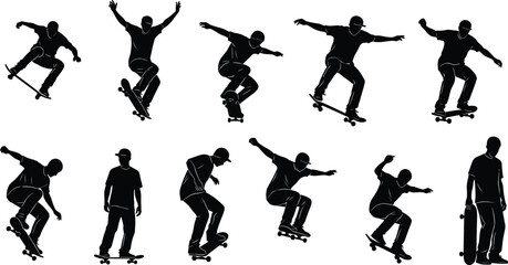 Set of Skateboarder Silhouettes Performing Various Tricks and Jumps, Extreme Sport and Youth Culture Concept, Vector Graphic Illustration of Skateboarders in Action.