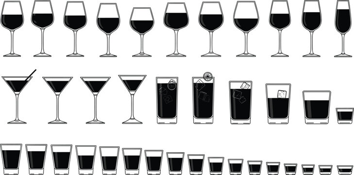 Set of various alcoholic drinks silhouettes in different glasses: wine, cocktail, martini, highball, whiskey, and shot glasses vector illustration.