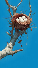 Bird Nest with White Eggs on Branch Against Blue Sky