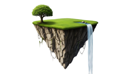 Floating island with tree and waterfall isolated on a transparent background green grass rocky cliff