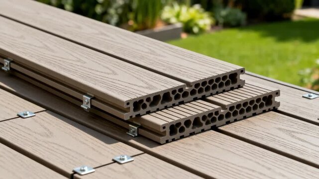 Medium shot of cellular composite decking pieces laid out showcasing lightweight structure and innovative design for garden decks.