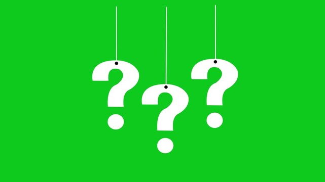 Three white question marks hanging on strings against a bright green background animation, question, inquiry, problem, solution, or decision-making