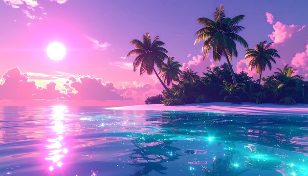 Tropical island with palm trees silhouetted against a pink sunset sky reflected in the shimmering water