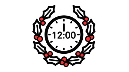 Clock surrounded by festive holly wreath at midnight