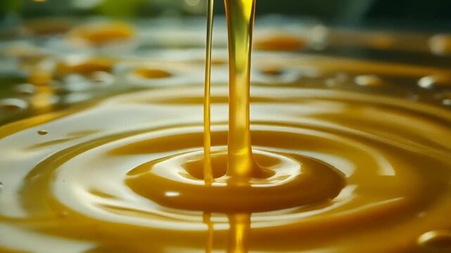 Close up of pouring oil creating ripples in liquid surface.